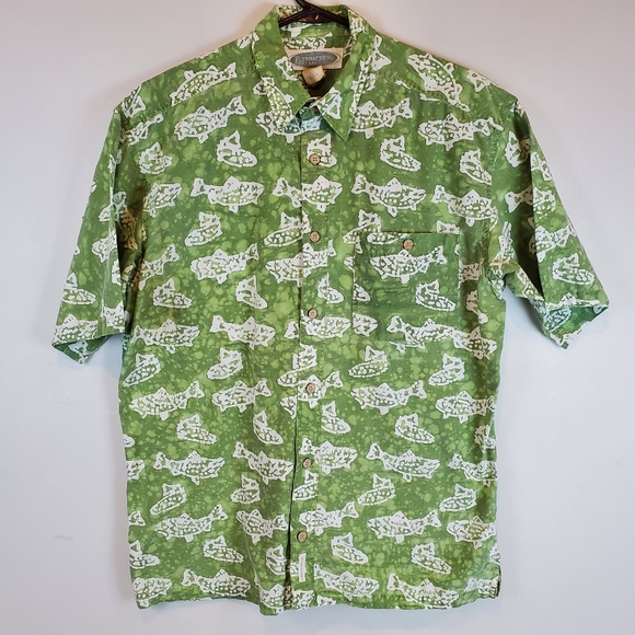 Flyshacker Green Batik Fish Button Up Shirt Size Medium Mens Hawaiian Fishing - Picture 2 of 8
